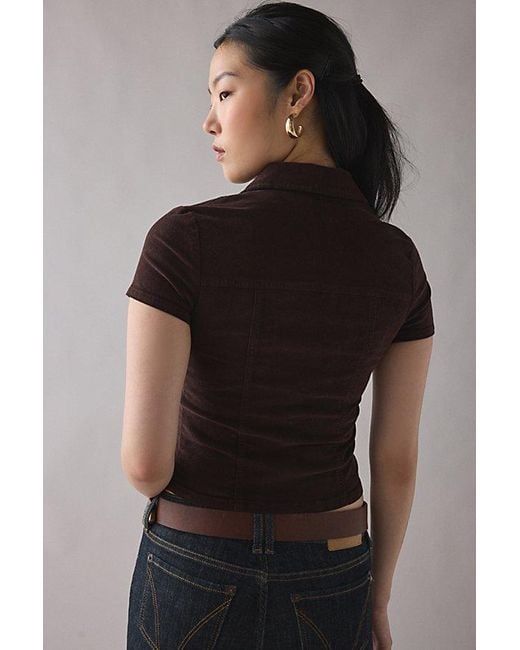 BDG Black Polly Corduroy Slim Short Sleeve Button-Up Shirt Top