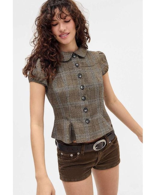 Silence + Noise Brown Silence + Noise Lyn Check Pea Jacket Blouse