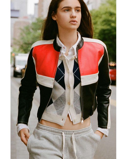 Urban Outfitters Red Uo Jordan Faux Leather Fitted Racer Moto Jacket