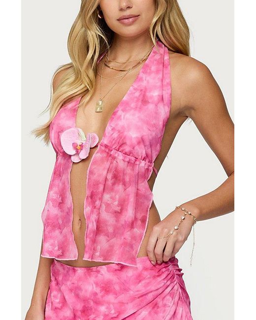 Edikted Pink Tiedye Mesh Split Front Backless Top