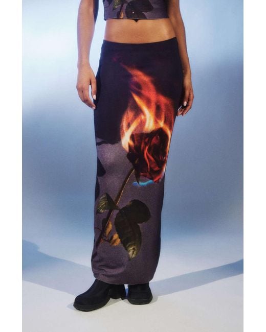 Jaded London Blue Flaming Rose Maxi Skirt In Navy,at Urban Outfitters