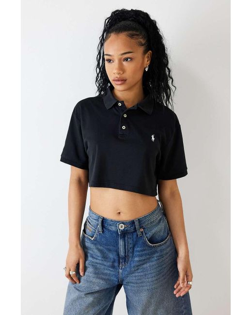 Urban Renewal Blue Remade From Vintage Black Cropped Polo Top