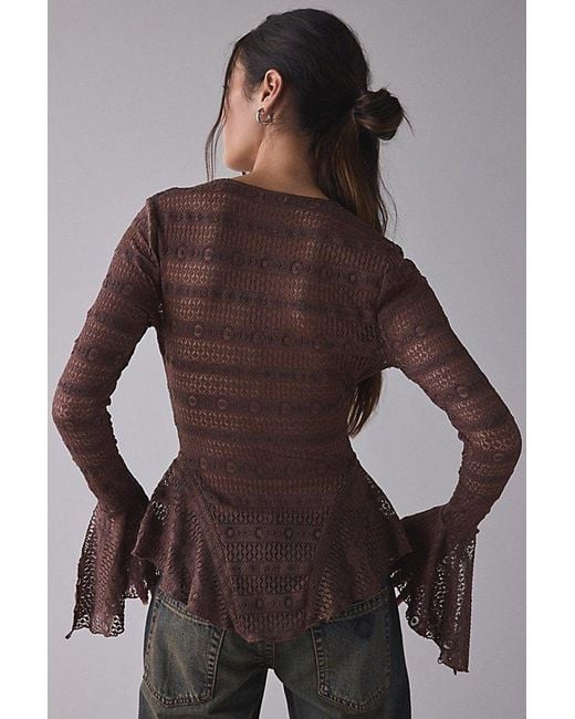 Kimchi Blue Brown Irene Sheer Lace Ruffle Bell Sleeve Top