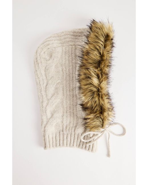 BDG Natural Cable Knit Faux Fur Trim Hood
