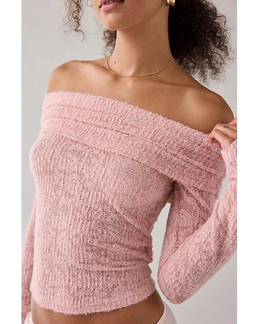 Kimchi Blue Pink Lily Sheer Lace Long Sleeve Off-The-Shoulder Top