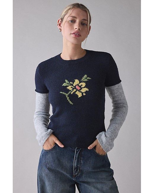 BDG Blue Riley Graphic Long Sleeve Layered Sweater