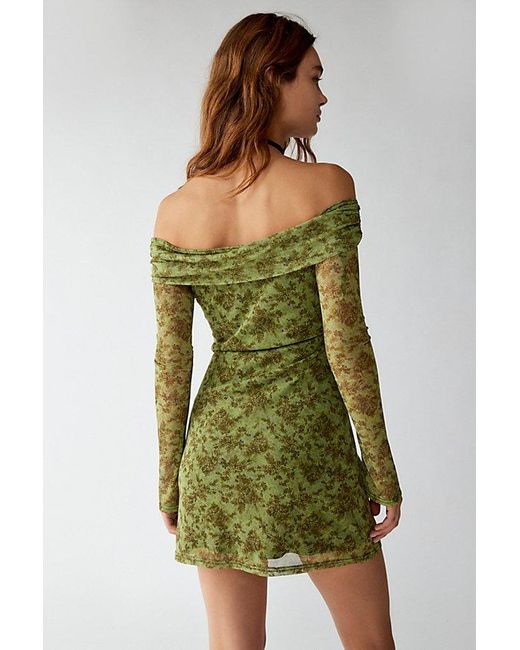 Urban Outfitters Green Uo Isla Long Sleeve Off-The-Shoulder Mini Dress