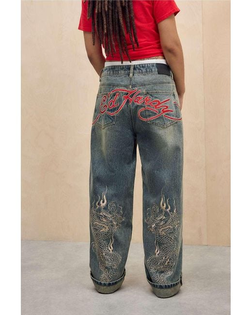 Ed Hardy Blue Uo Exclusive Washed Dragon Jeans