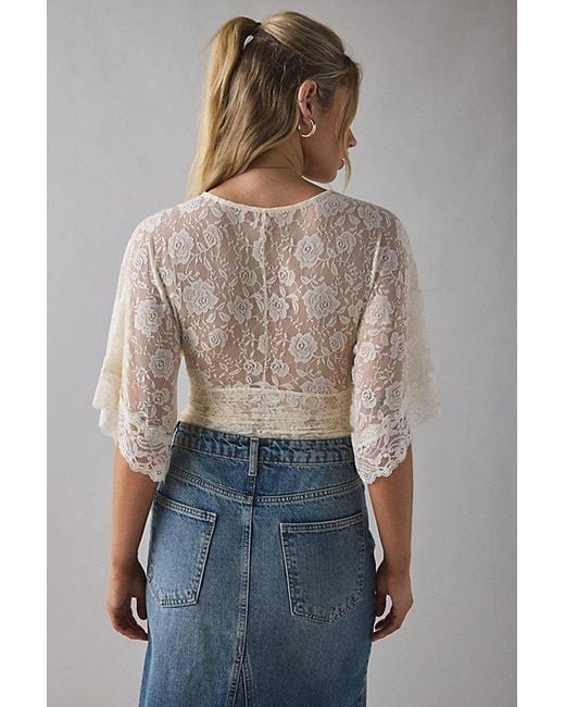 Kimchi Blue Blue Verde Plunging Lace Trim Bell Sleeve Top