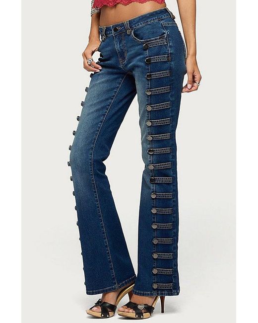 Edikted Blue Button Loop Low Rise Bootcut Jeans