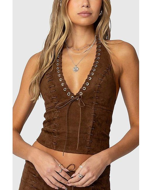 Edikted Brown Sloane Faux Suede Halter Top