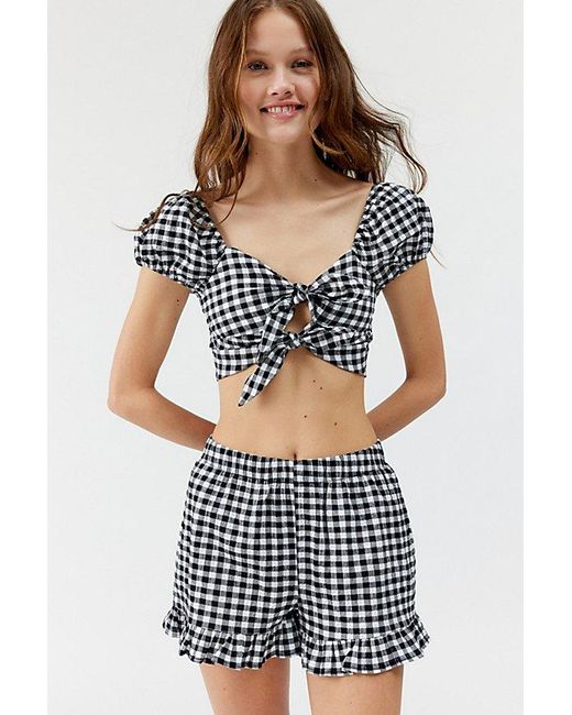 Urban Renewal Black Remnants Gingham Puff Sleeve Tie-Front Cropped Top
