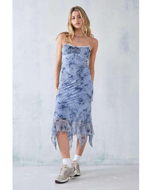 Urban Outfitters Uo Quartz Blue Floral Flocked Mesh Midi Dress