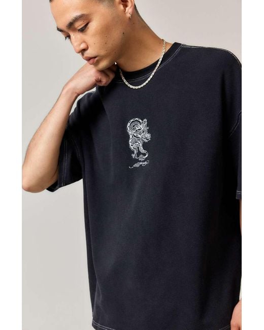 Ed Hardy Blue Uo Exclusive Black Waffle Dragon Soul T-shirt for men