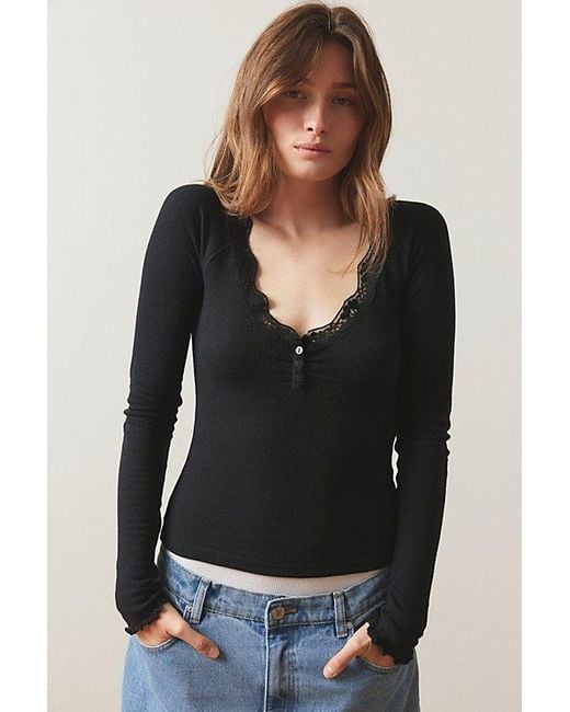Out From Under Black Diana Layering Lace-Trim Henley Top