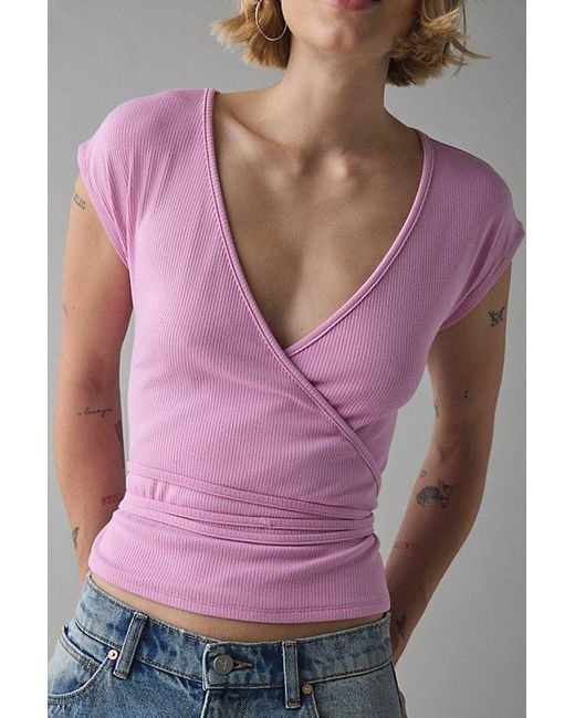 Vintage & ReMADE by UO Pink Remade By Uo Remnant Wrap Short Sleeve Knit Top