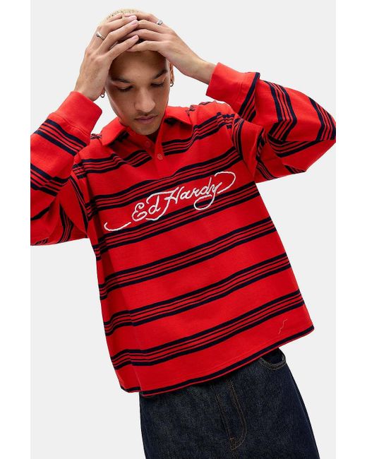 Ed Hardy Uo Exclusive Red Stripe Long Sleeve Polo Shirt for men