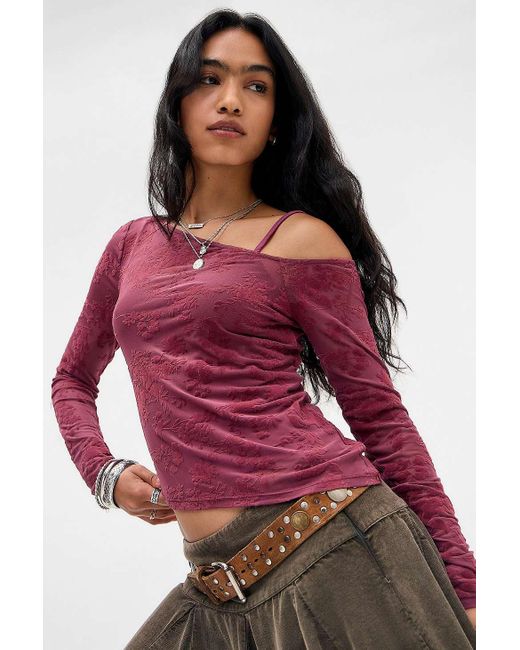 Kimchi Blue Red Lisa Flocked Asymmetric Off-shoulder Top