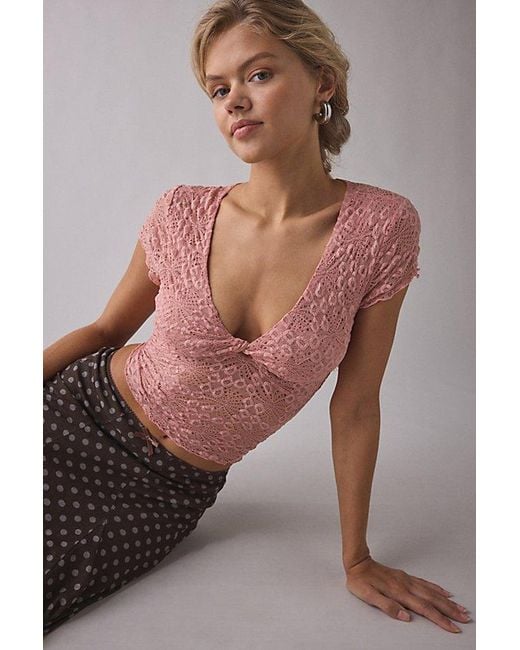 Kimchi Blue Pink Maisie Sheer Lace Twist-Front Crop Top