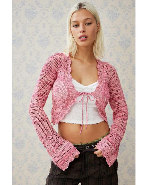 Urban Outfitters Pink Uo Tie-front Pointelle Cardigan