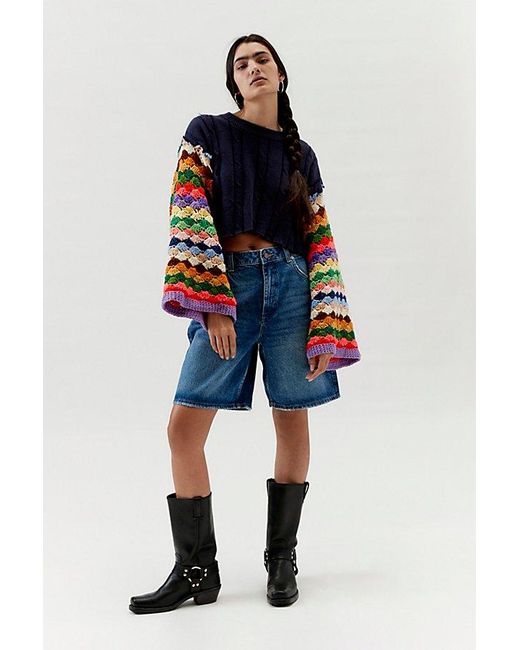 Urban Renewal Blue Remade Crochet Bell Sleeve Cropped Sweater