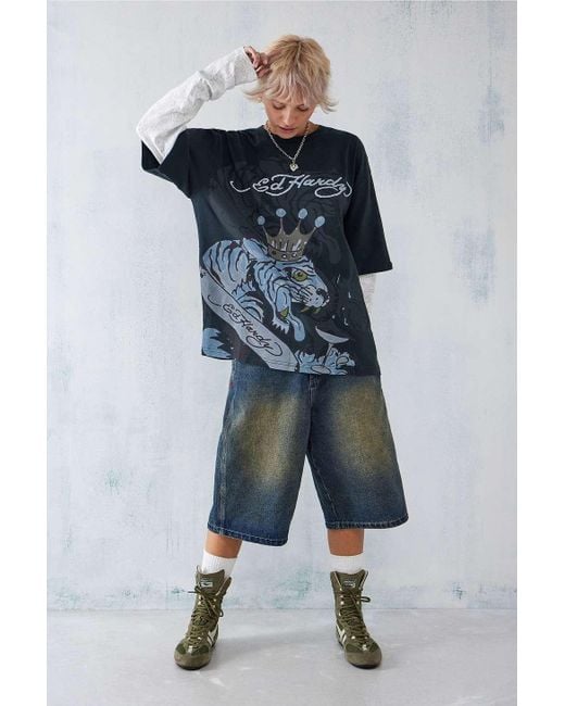 Ed Hardy Blue Uo Exclusive Double Layer Long-sleeved Skate T-shirt Top