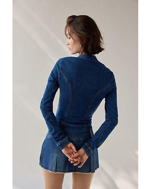 Urban Outfitters Blue Uo Sloane Slim Long Sleeve Zip-Front Moto Denim Top