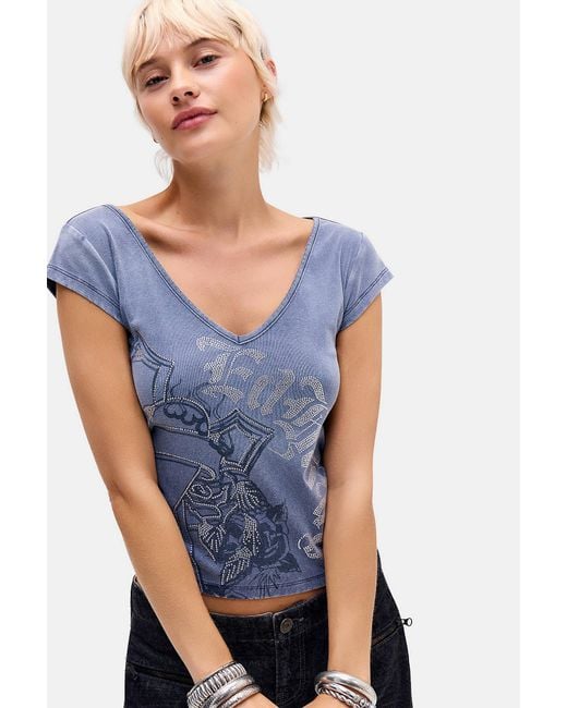 Ed Hardy Blue Uo Exclusive Cross V-neck Baby Tee