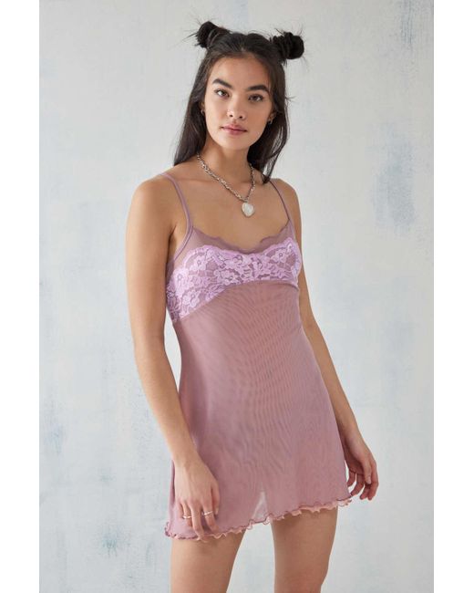 Urban Outfitters Uo Pink Mya Mesh & Lace Slip Dress In Pink At
