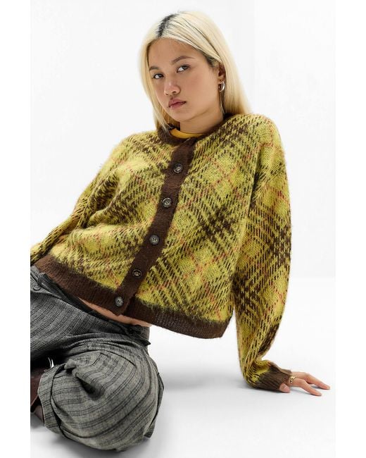 Urban Outfitters Yellow Uo Check Brushed Knit Cardigan