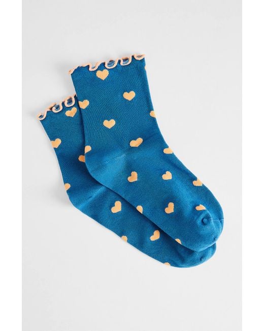 Out From Under Blue Heart Polka-dot Lettuce Edge Ankle Socks