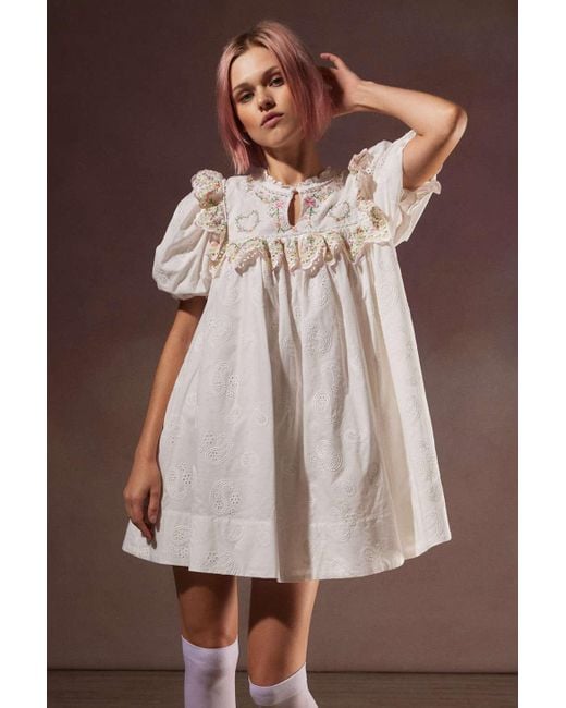 For Love & Lemons Brown Thalia Eyelet Mini Dress In White,at Urban Outfitters