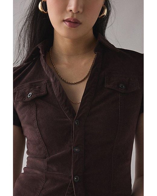 BDG Black Polly Corduroy Slim Short Sleeve Button-Up Shirt Top
