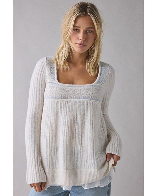 Kimchi Blue White Hannah Printed Ruffle Trim Babydoll Sweater