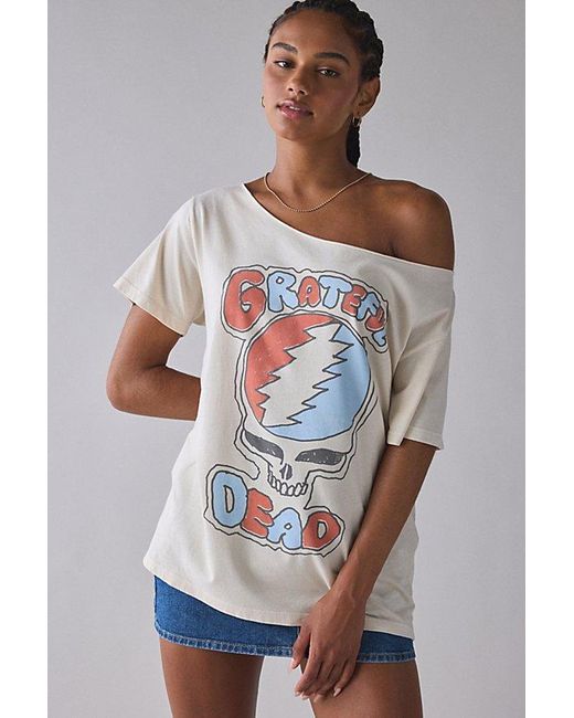 Urban Outfitters Gray Rock Band Graphic Off-The-Shoulder Oversized Tee