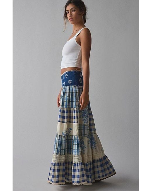 Kimchi Blue Amelia Crafted Patchwork Lace Trim Maxi Skirt in Blue