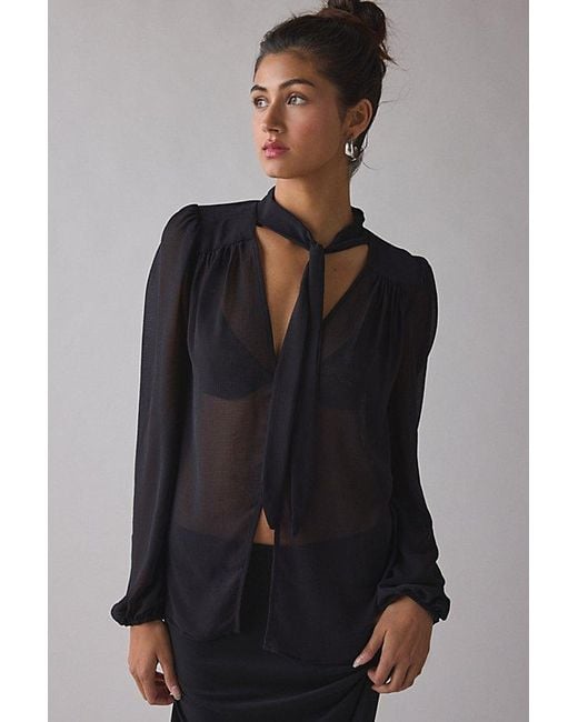 Urban Outfitters Black Uo Up All Night Sheer Tie-Front Bow Flyaway Blouse