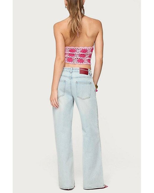 Edikted Pink Contrast Floral Crochet Halter Top