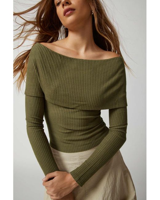 Urban Outfitters Green Uo Hailey Foldover Off-the-shoulder Long Sleeve Top In Olive,at