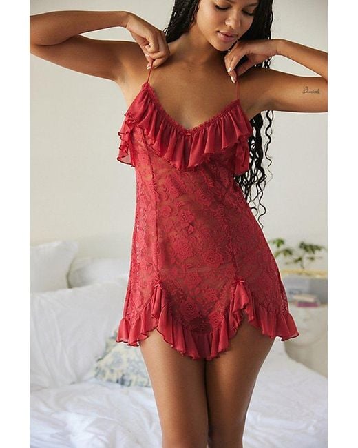 Out From Under Red Rouge Sheer Lace Mini Dress
