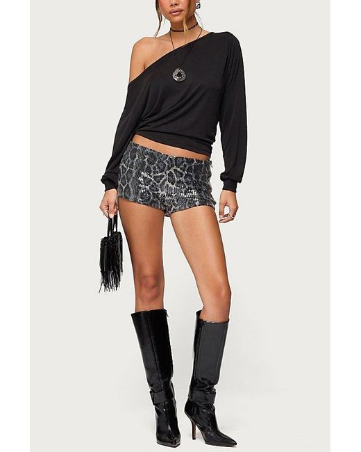 Edikted Blue Sequin Leopard Printed Micro Shorts