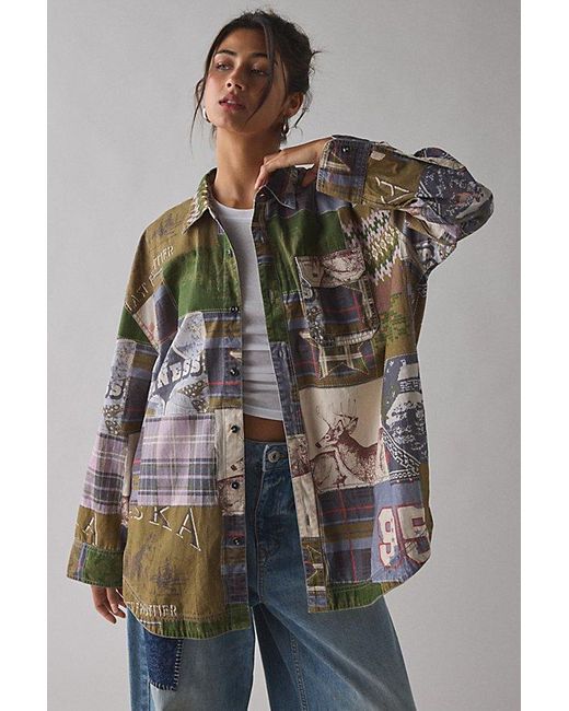 BDG Brown Cowboy Dan Patchwork Oversized Button-Down Shirt