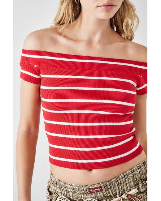 Urban Outfitters Red Uo Ever Striped Off-the-shoulder Top