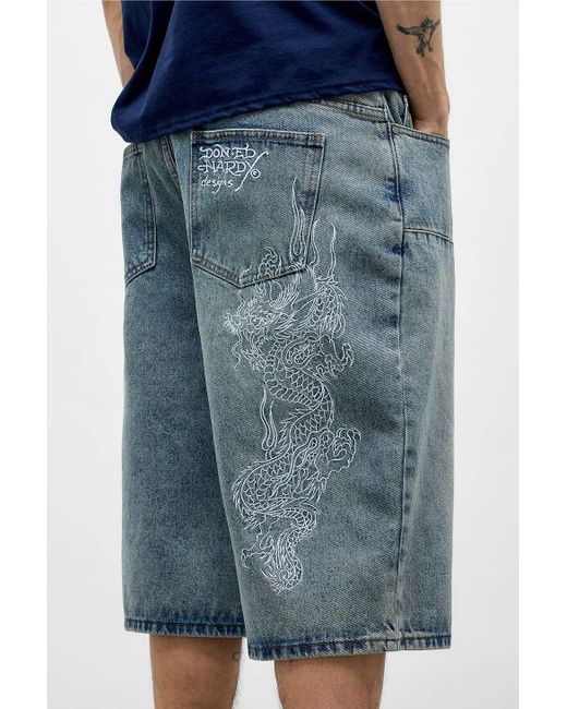 Ed Hardy Uo Exclusive Blue Double Knee Dragon Shorts for men