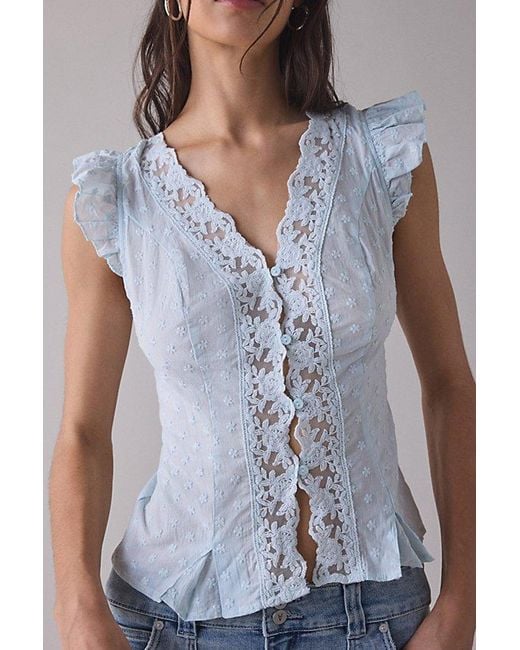 Kimchi Blue Blue Aurelia Lace Trim Flutter Sleeve Blouse