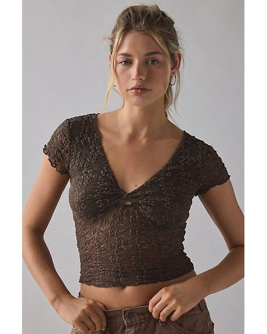 Kimchi Blue Brown Maisie Sheer Lace Twist-Front Crop Top