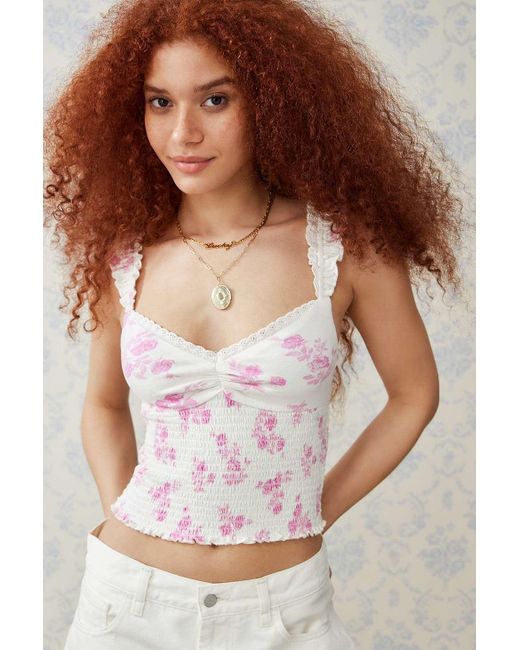 Urban Outfitters White Uo Sydney Floral Shirred Top
