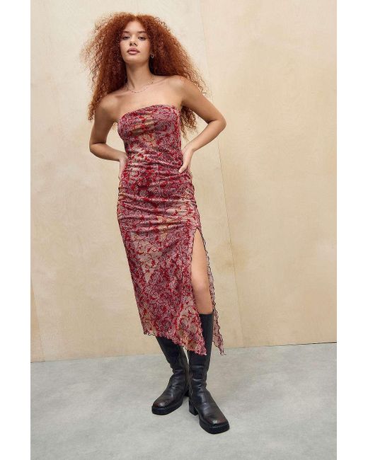 Urban Outfitters Natural Uo Samara Flock Mesh Bandeau Midi Dress