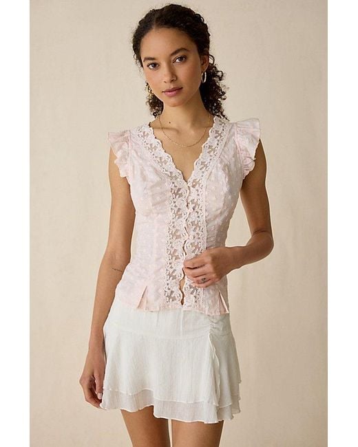 Kimchi Blue Natural Aurelia Lace Trim Flutter Sleeve Blouse