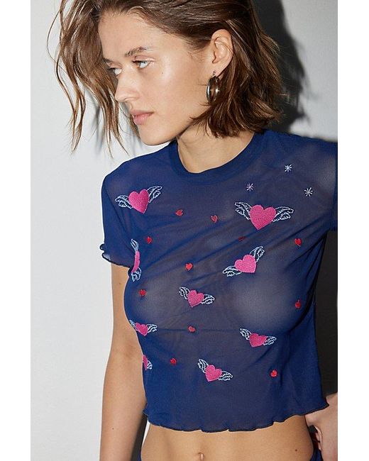 Out From Under Blue Only Hearts Love Is Freed Sheer Embroidered Tee